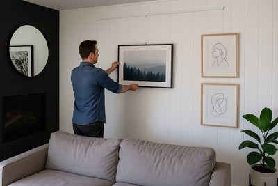 Man hanging a framed picture using kit-builder system in a modern living room